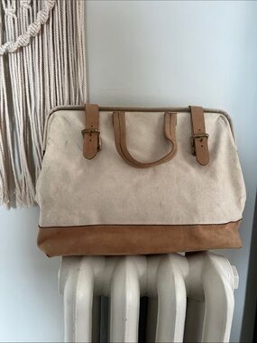 Canvas and Leather Weekender Bag - Cream and Tan